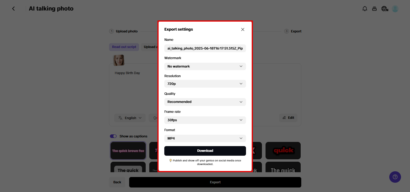 Exporting talking picture from Pippit