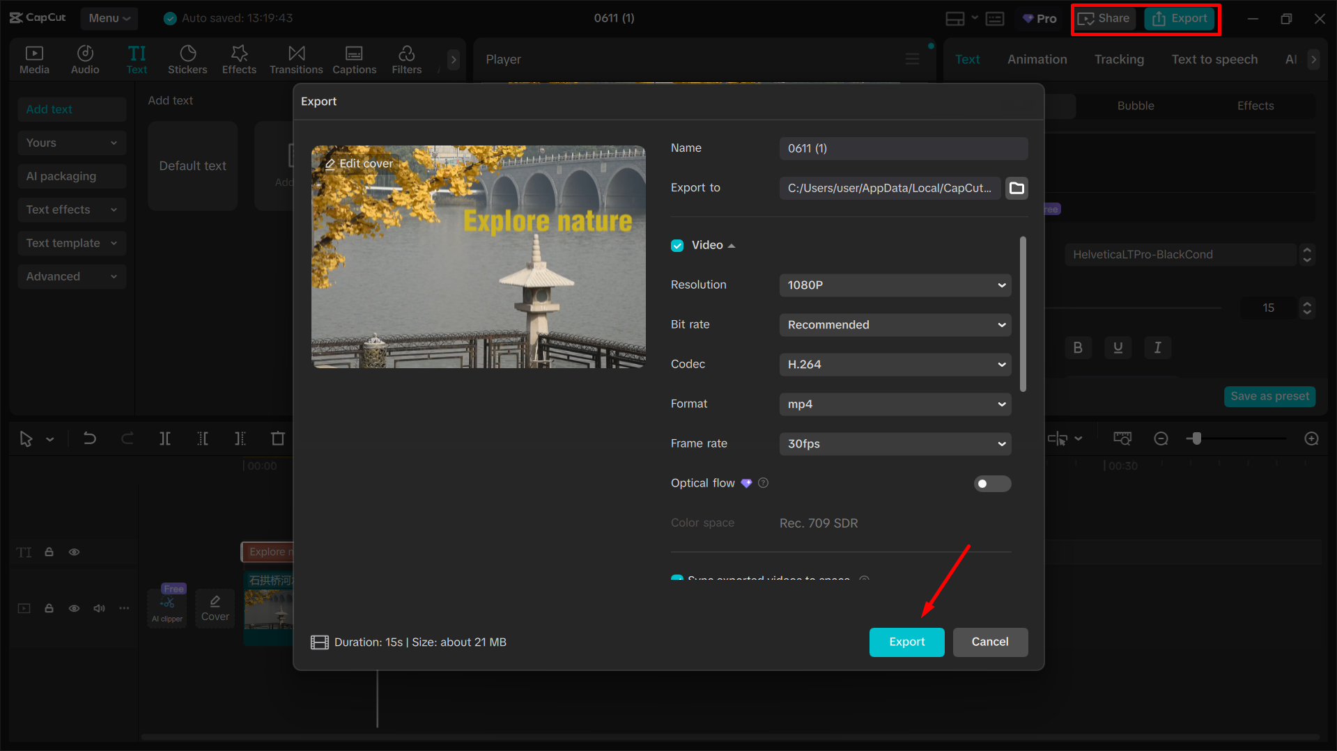 Export a sdílení finálního videa z editoru videa Capcut