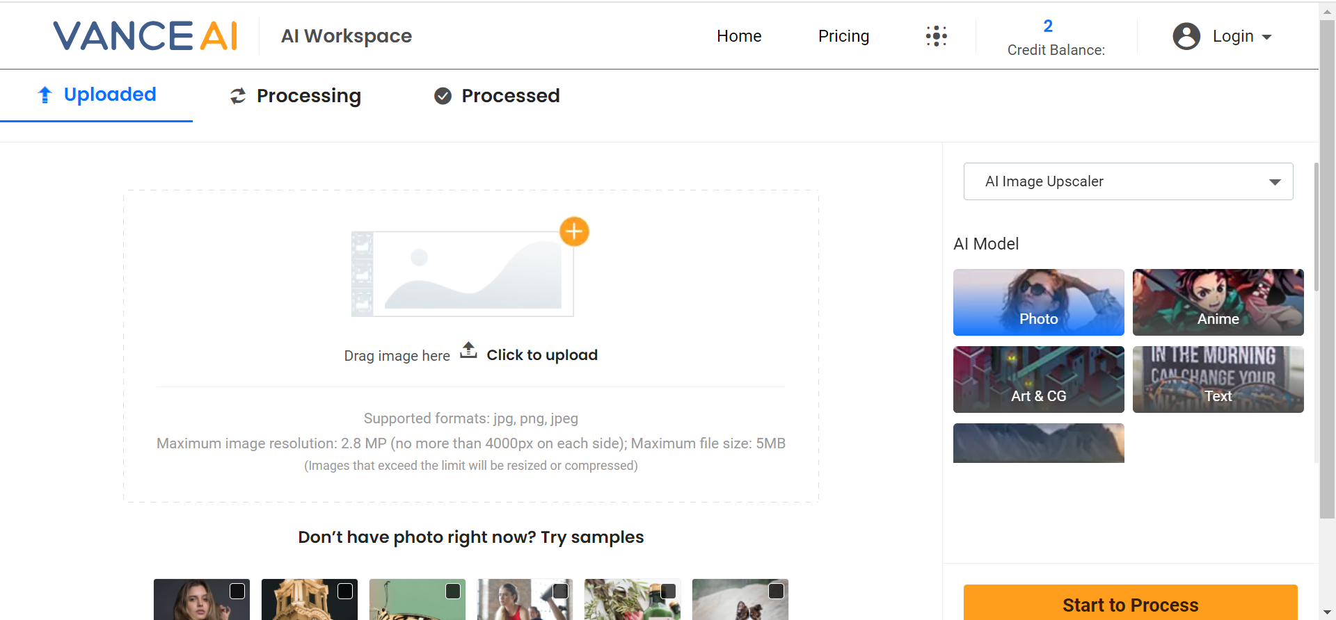 VanceAI fotoförstärkarsida