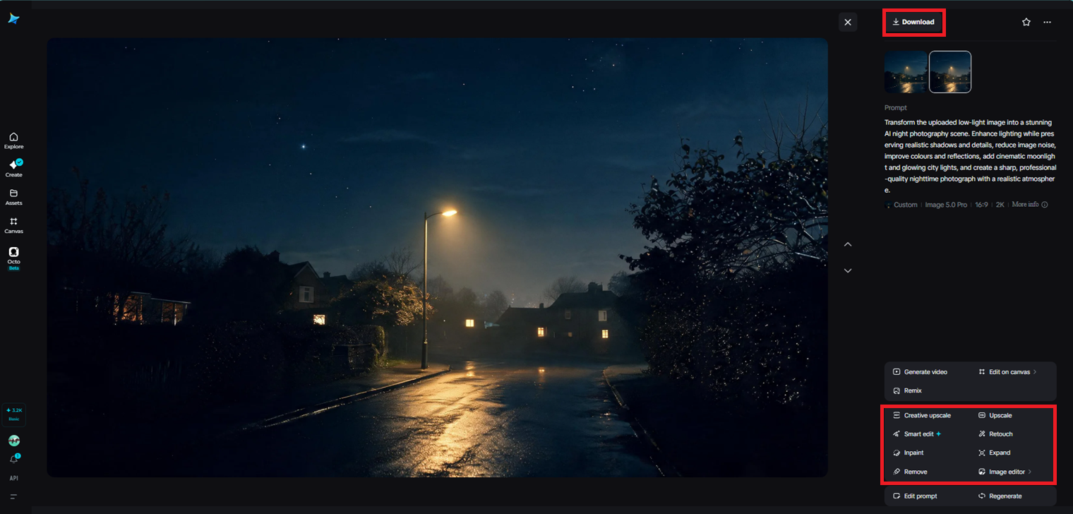Refina y descarga tu imagen de fotografía nocturna de IA