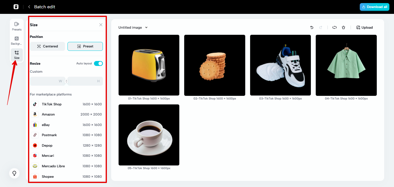 Resizing pictures in Pippit batch editor