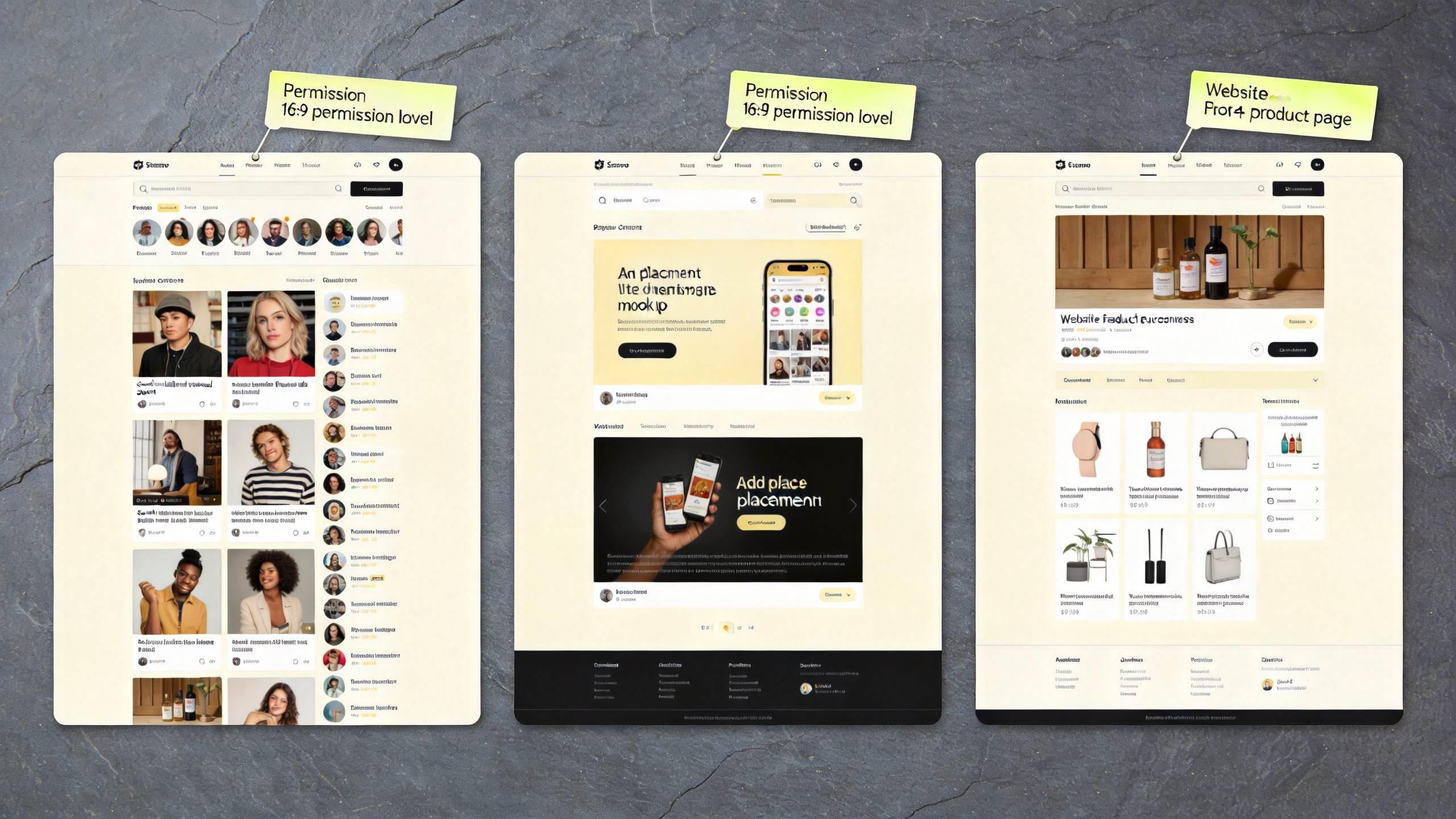 Three website mockups on a desk, each labeled with permission or product page notes