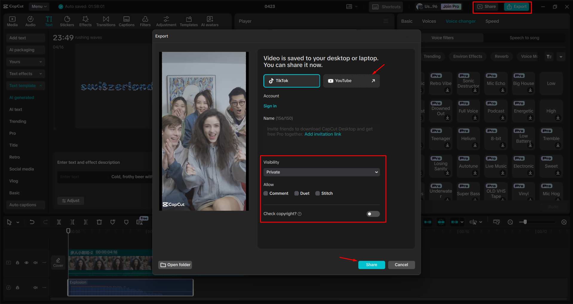 Exporting and sharing a video to YouTube Shorts from the CapCut desktop video editor