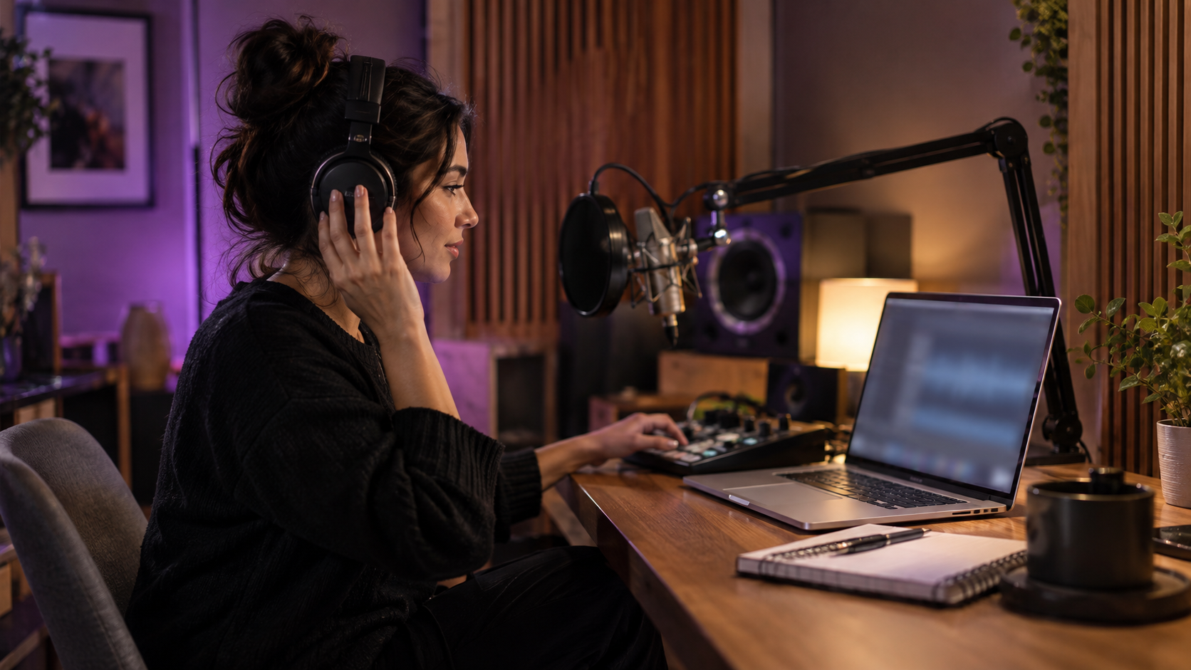 Creator selecting a voice and language while monitoring audio with headphones