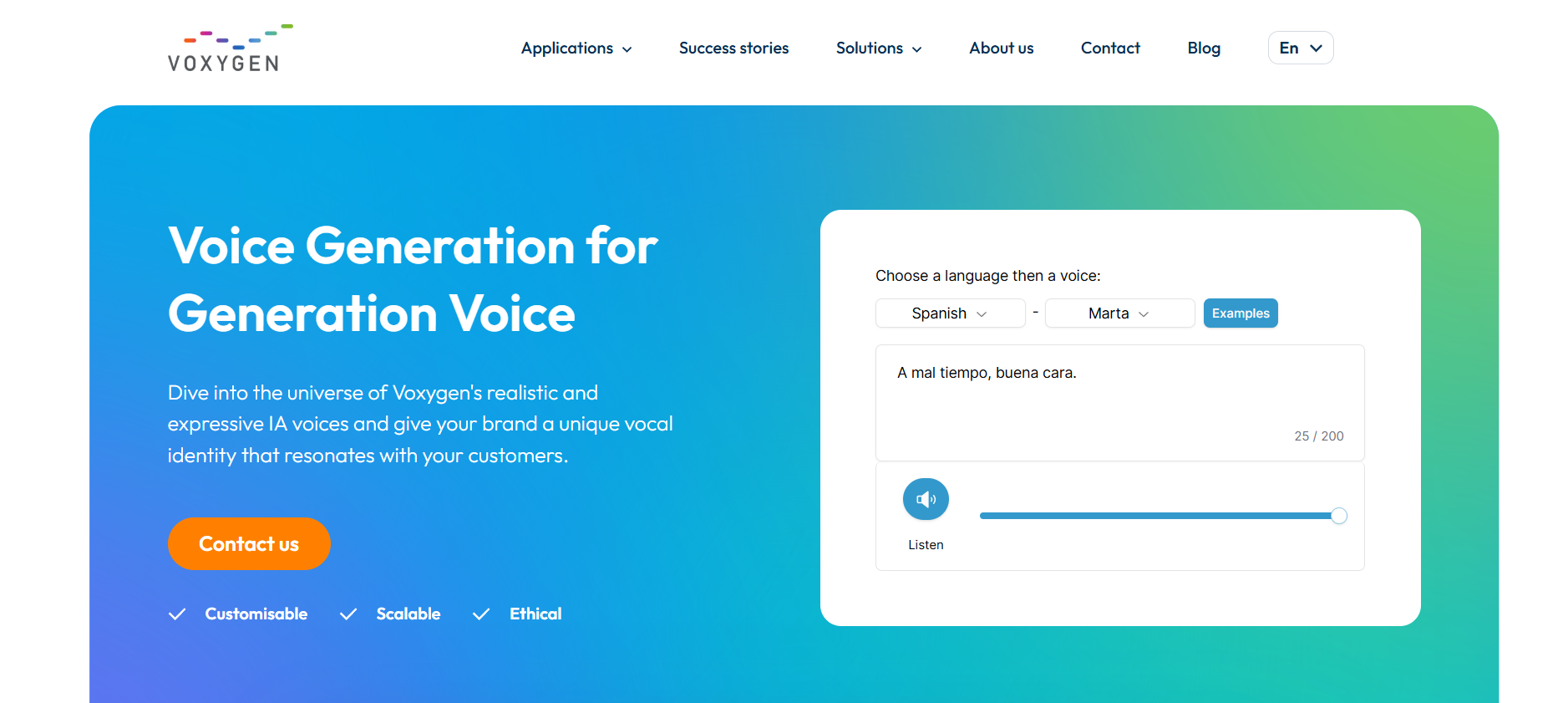 Voxygen 스페인어 텍스트 음성 변환 생성기 인터페이스