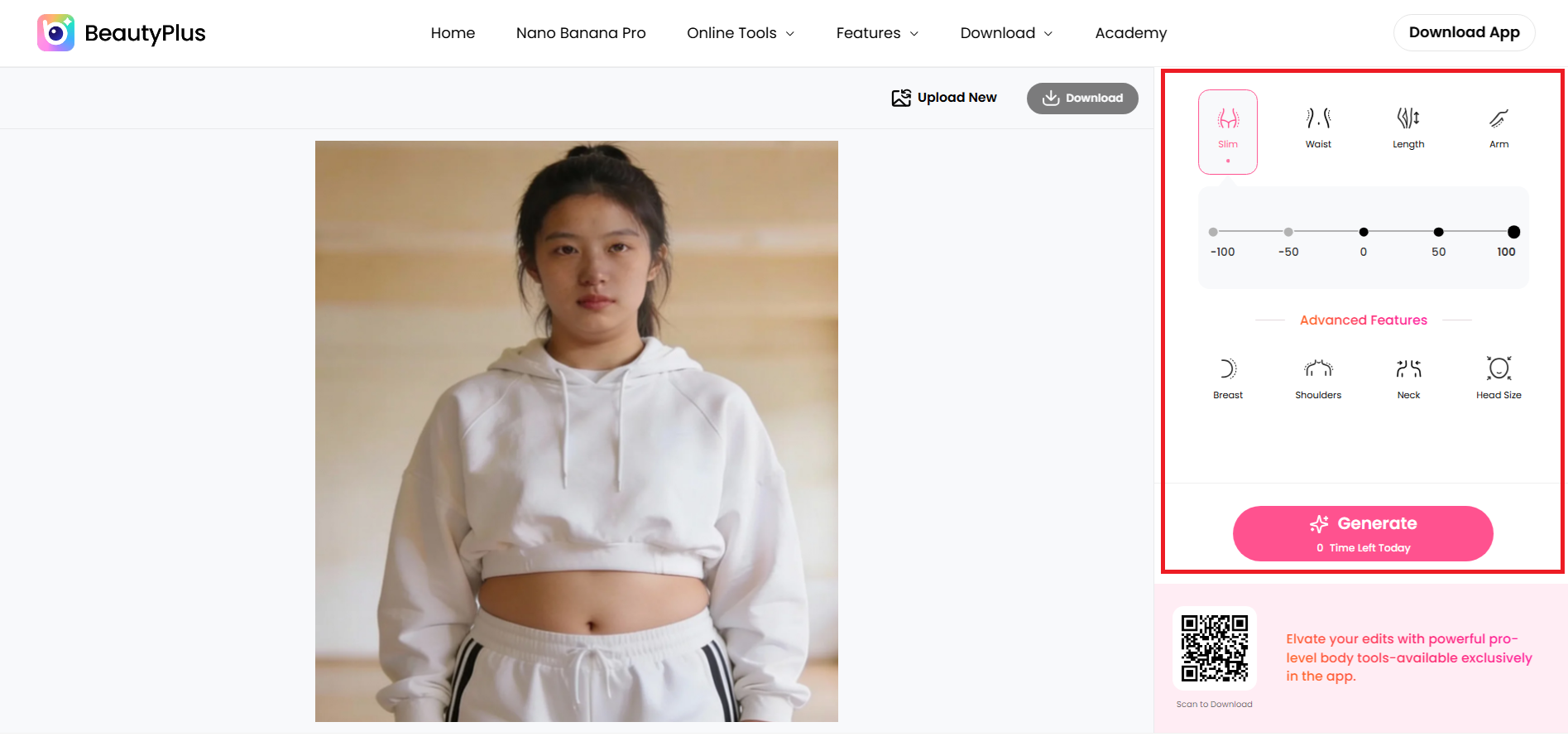 Upload the image and adjust body areas