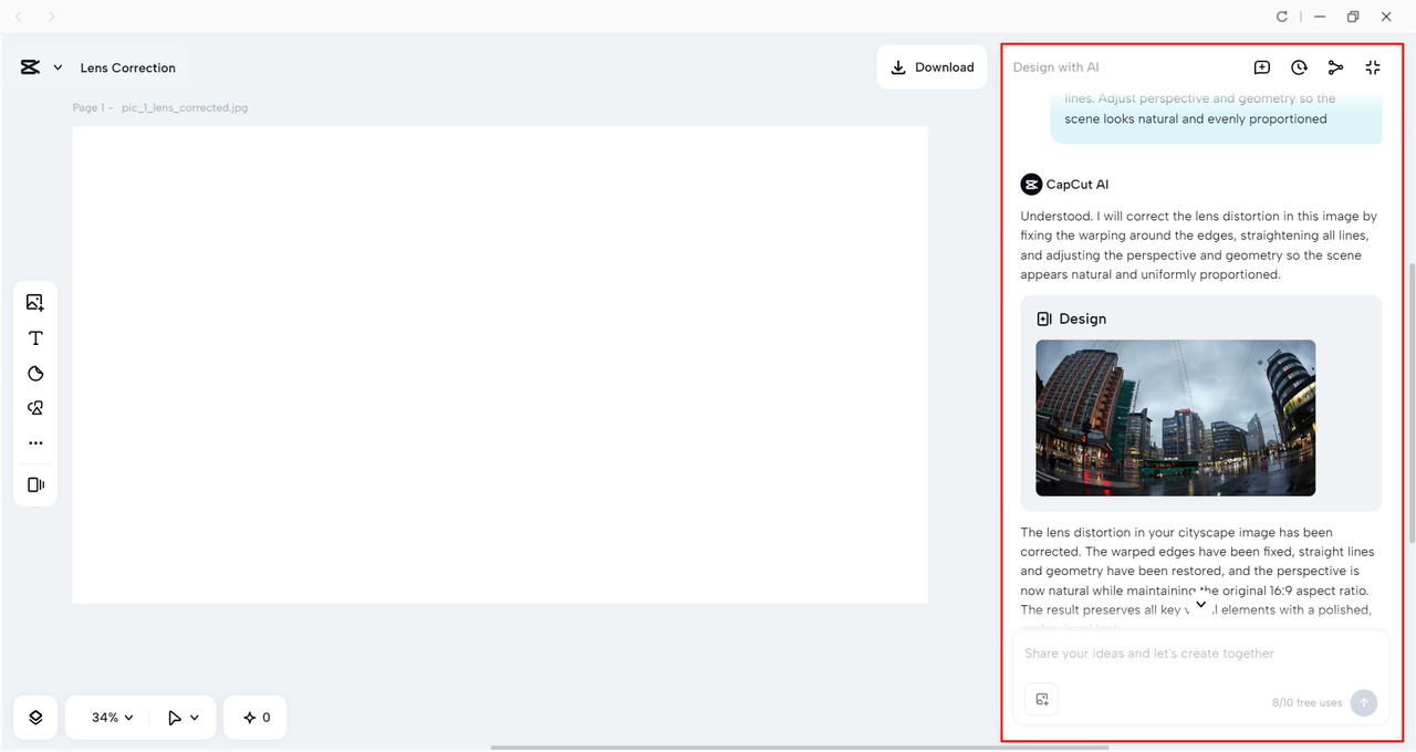 Removing lens distortion with CapCut's AI design tool 