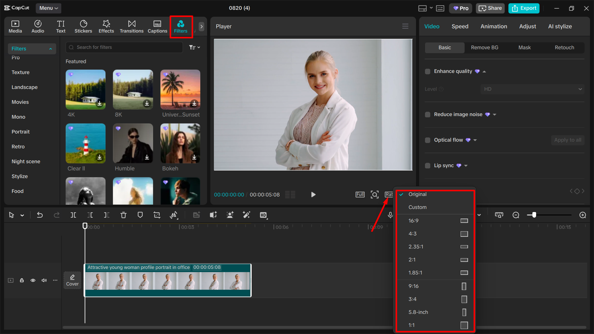 Resizing the image in the CapCut desktop video editor