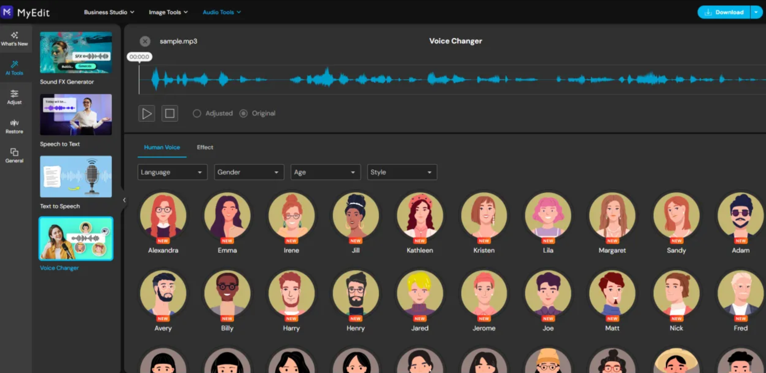 Інтерфейс MyEdit - зручний безкоштовний онлайн голосовий чейнджер