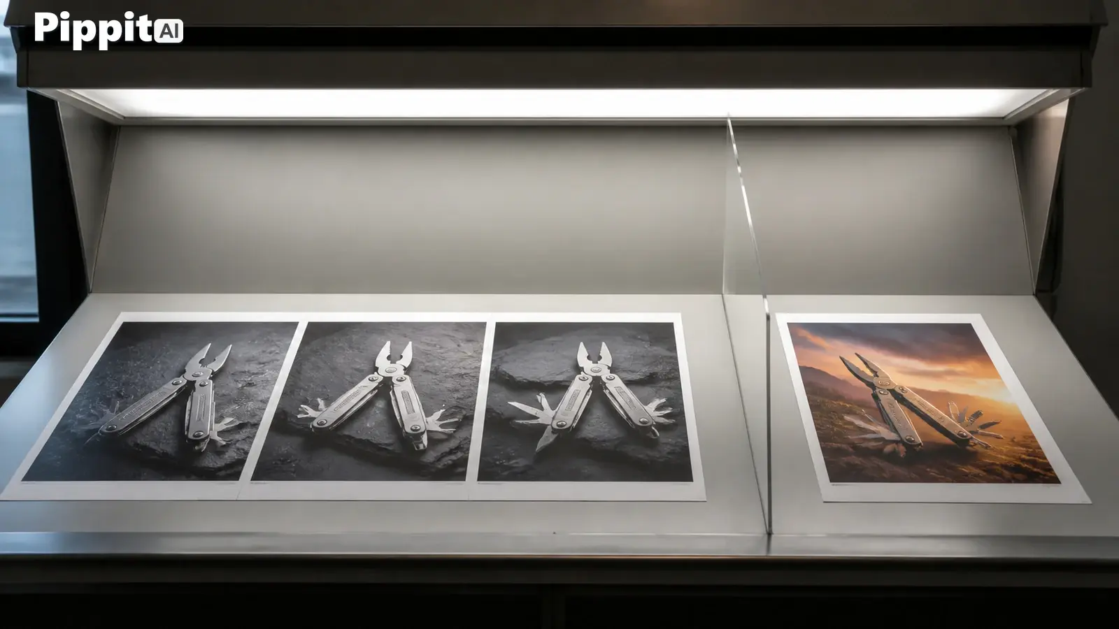 Four printed product photos of a multitool displayed under a lightbox