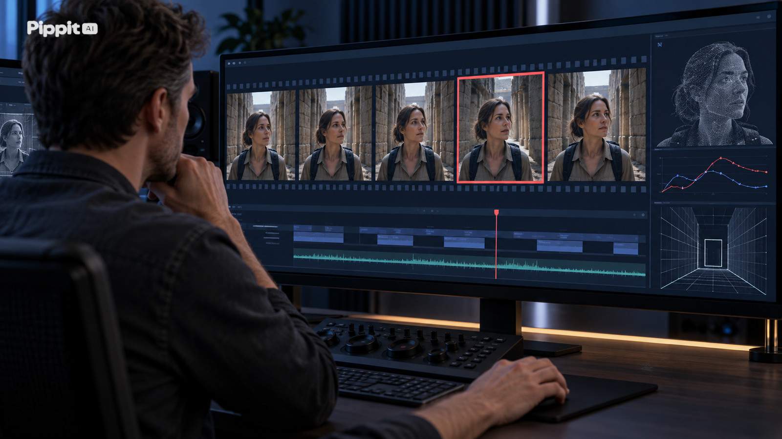 An adult editor compares a clean frame with the first changed face and background frame in an AI video sequence.