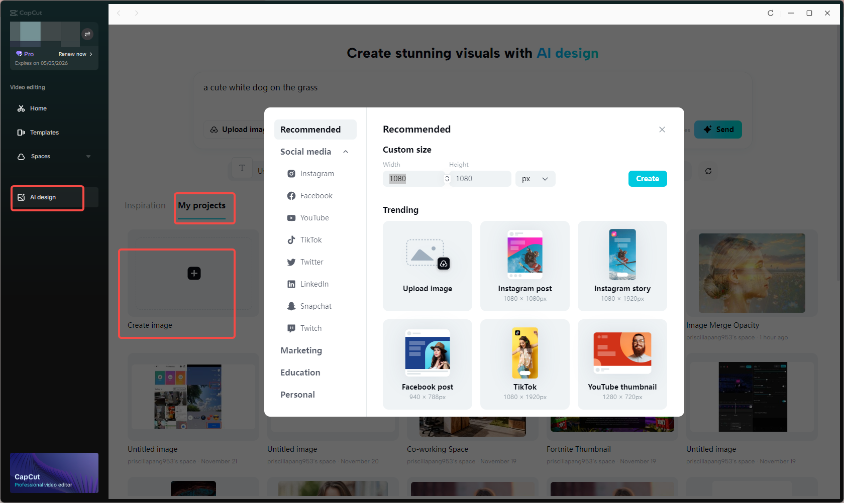 Accessing the "AI design" feature in CapCut