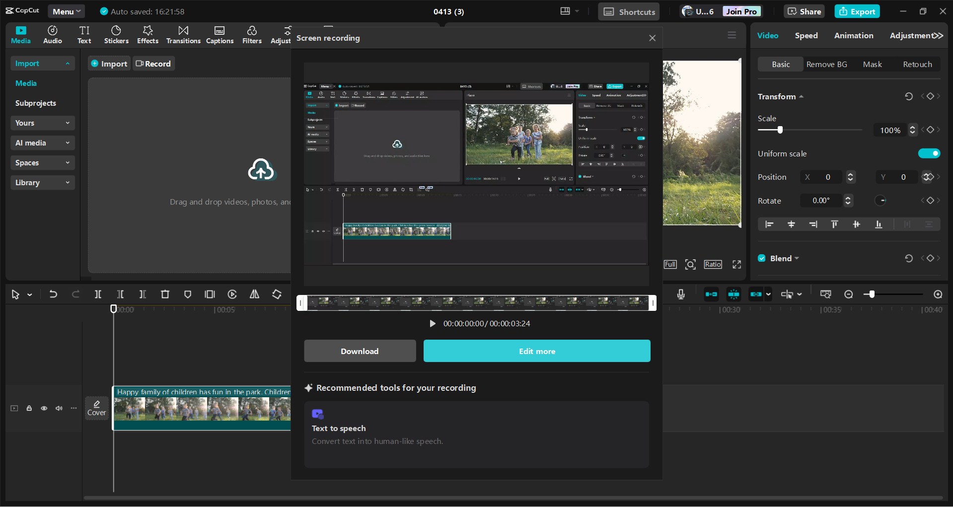 Interface of the CapCut desktop video editor - a free tool to record and edit screen recordings