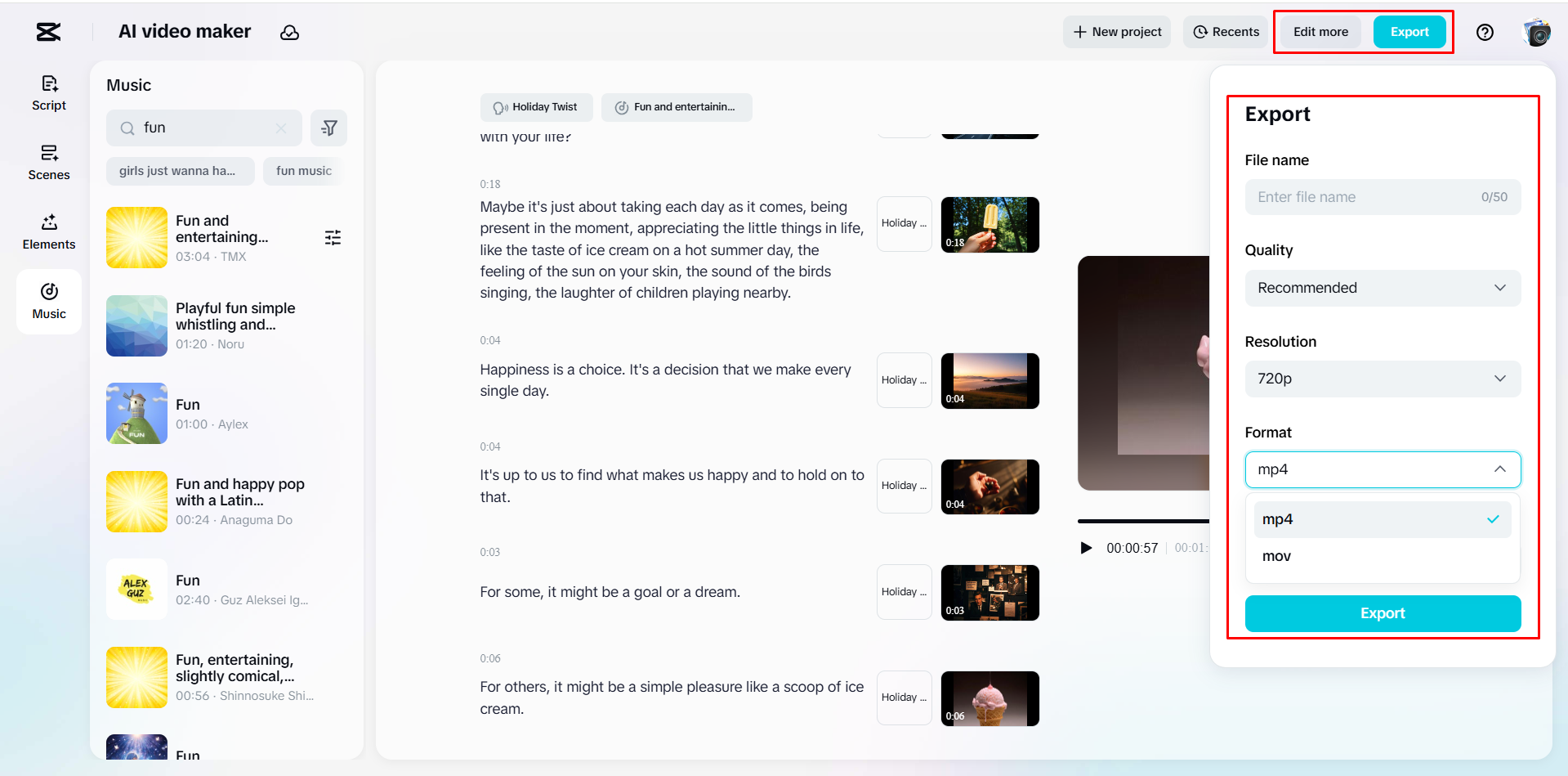 Exporting a video from CapCut's AI video maker