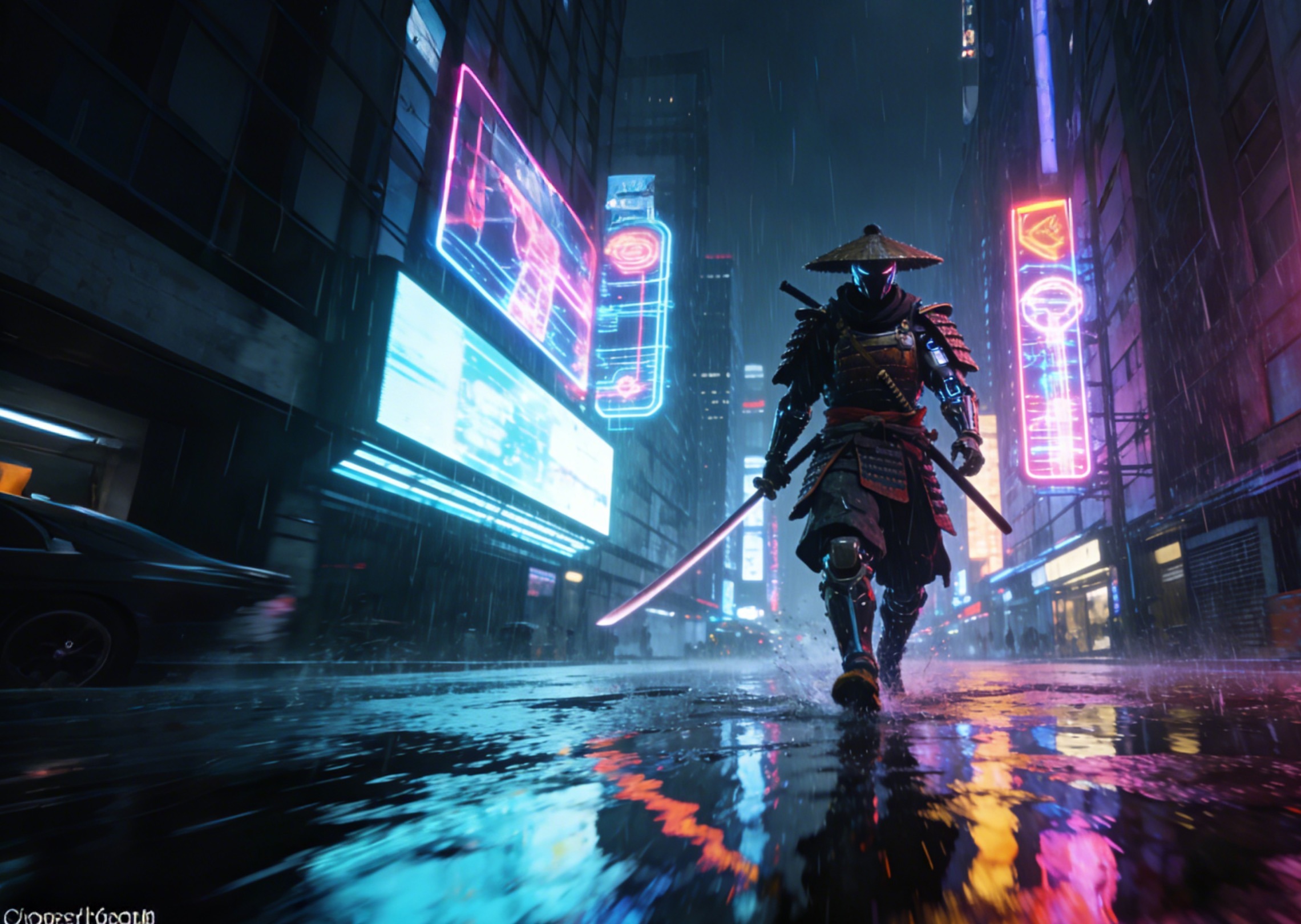 Cyber samurai walking through neon soaked rainy street