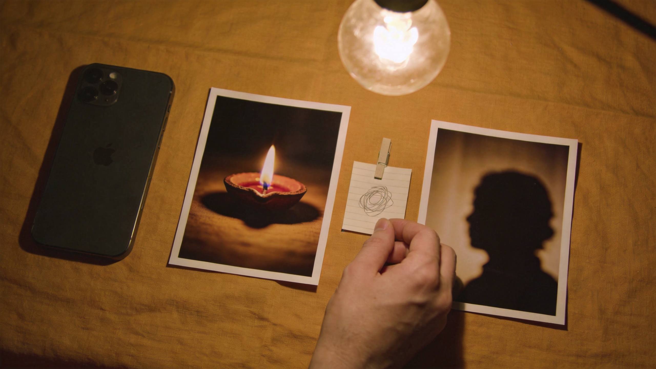 Phone beside printed photos of a lit diya and a silhouette, with a hand holding a small note