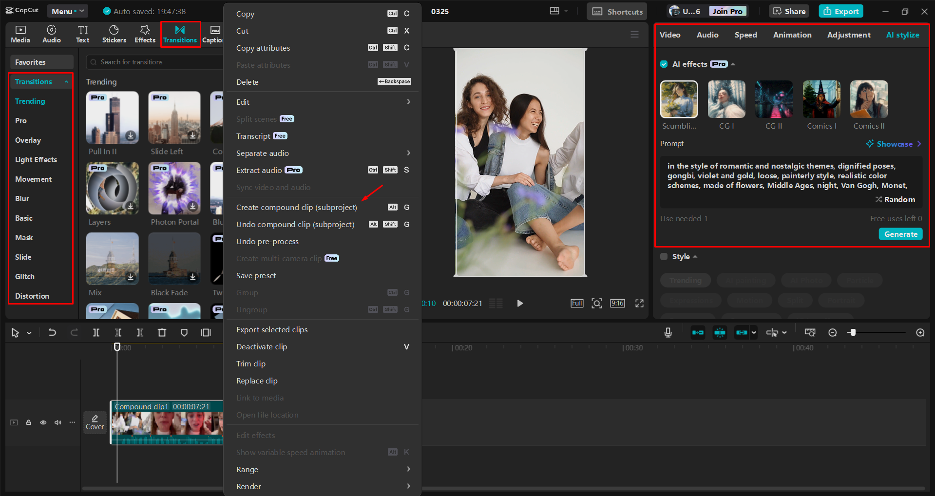 Merging clips and enhancing visuals in the CapCut desktop video editor