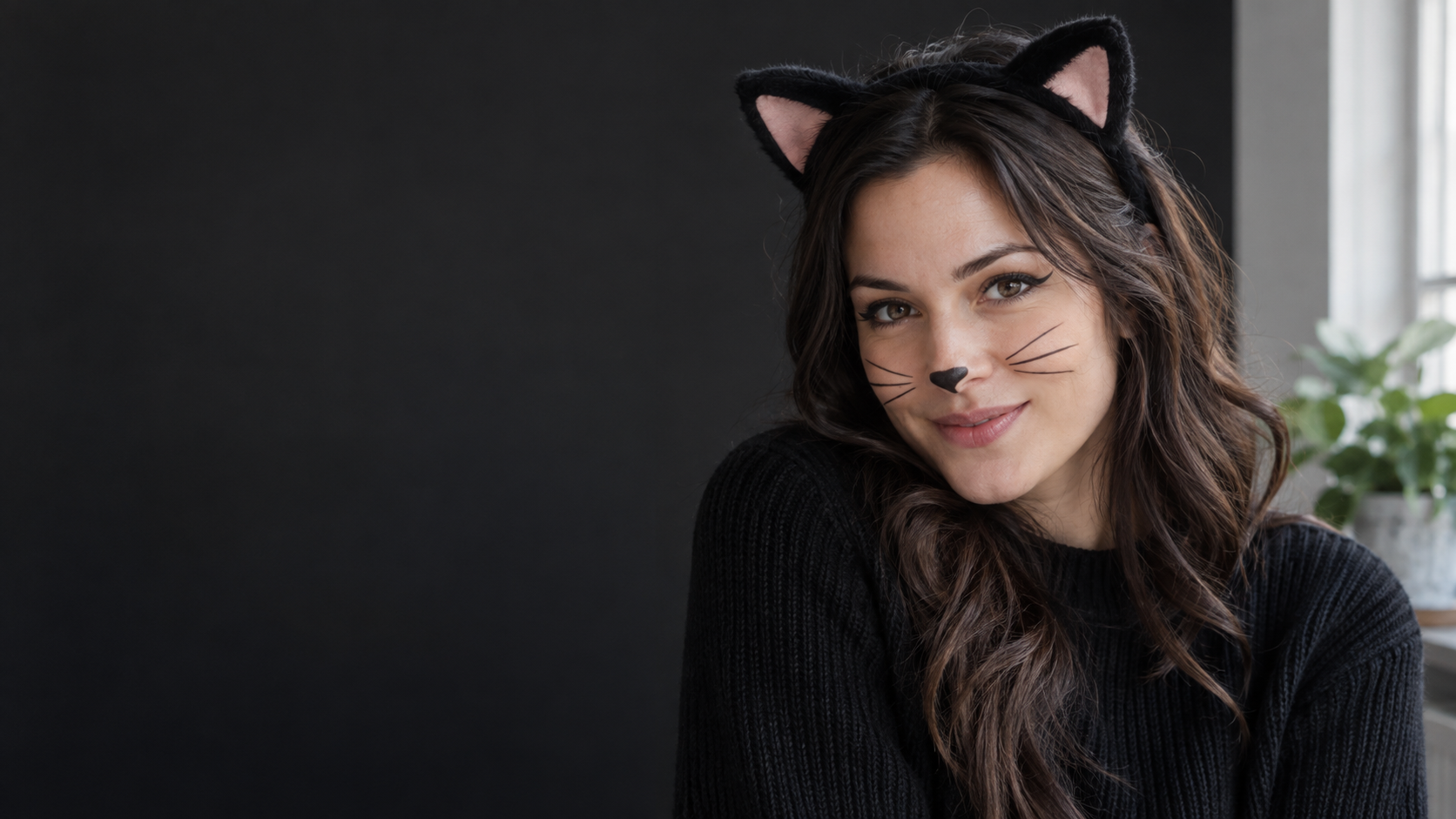 Five-Minute Cat Face: A fictional adult with simple black cat eyeliner, a tiny painted nose and three thin whiskers on each cheek, everyday clothing and natural daylight.