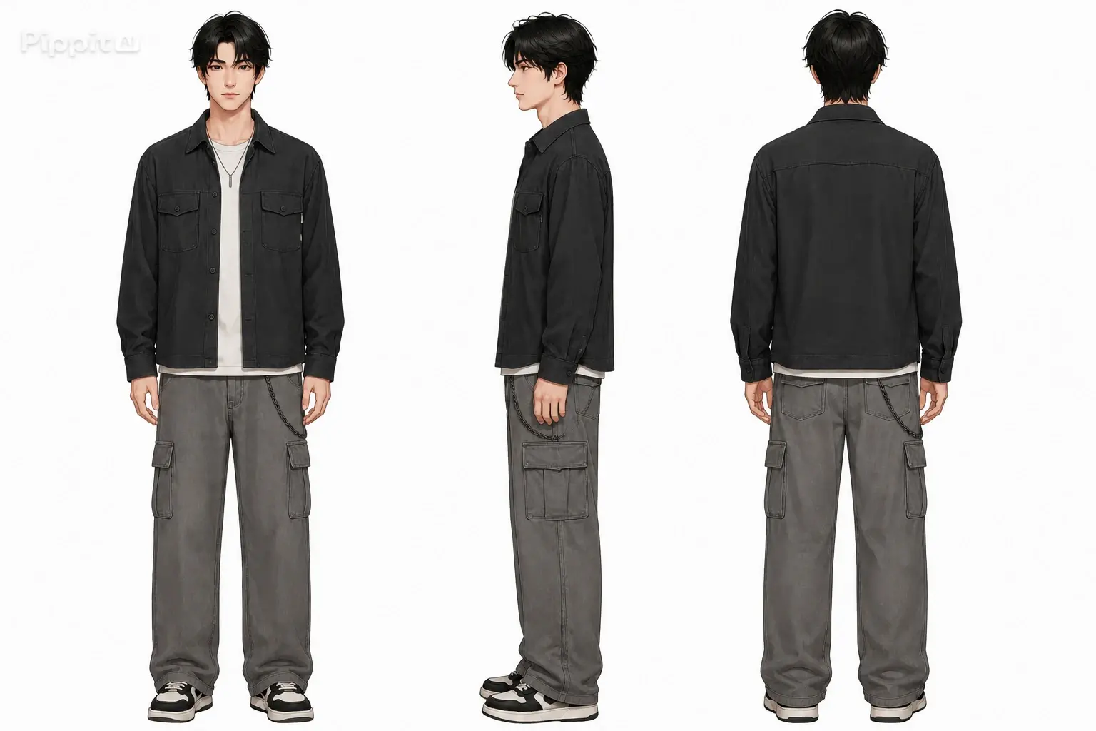 Three views of a male character in a black shirt and gray cargo pants on a white background