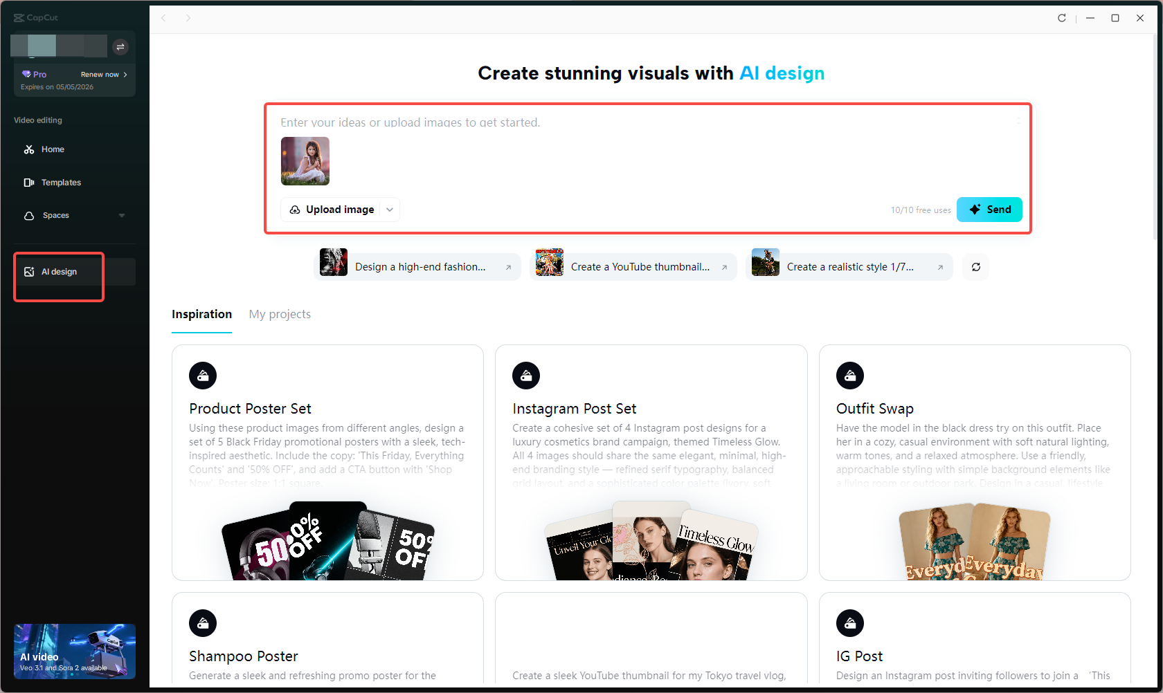 Accessing the AI design feature in CapCut