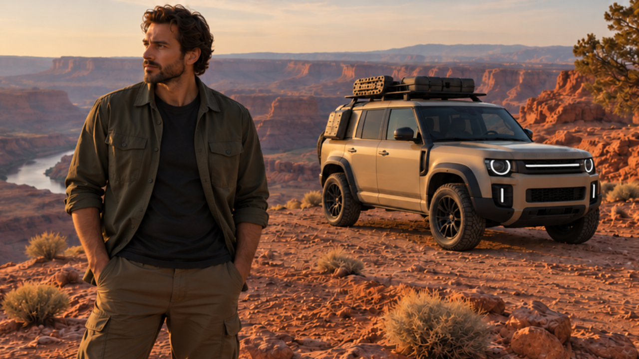 16: 9 roșu-rock cu vedere la cadrul final, tricou de măsline pentru adulți prim-plan stânga, raft de acoperiș original pentru vehicule off-road de culoare nisip complet parcat la câțiva metri în spatele dreptului, praf mic așezat, anvelope împământate, lumină de după-amiază de cupru, realism cinematografic premium, fără sigle sau text.