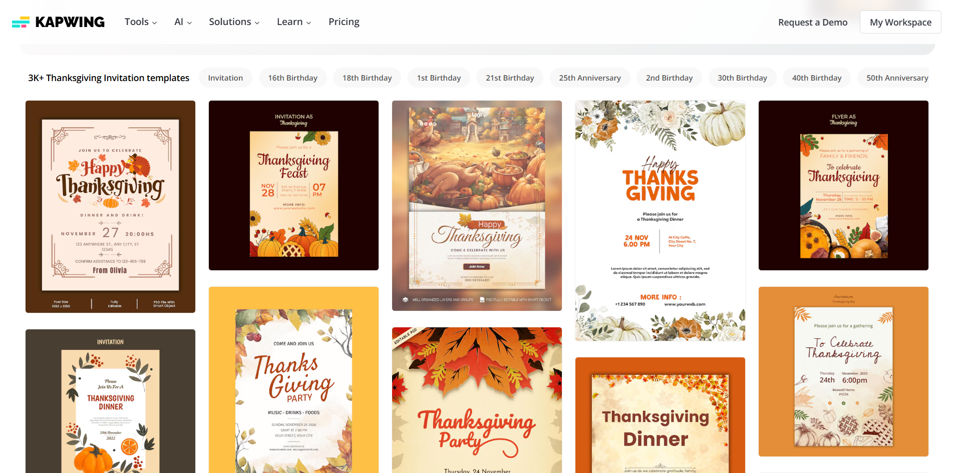 Interface of Kapwing - an efficient tool to edit Thanksgiving invite template