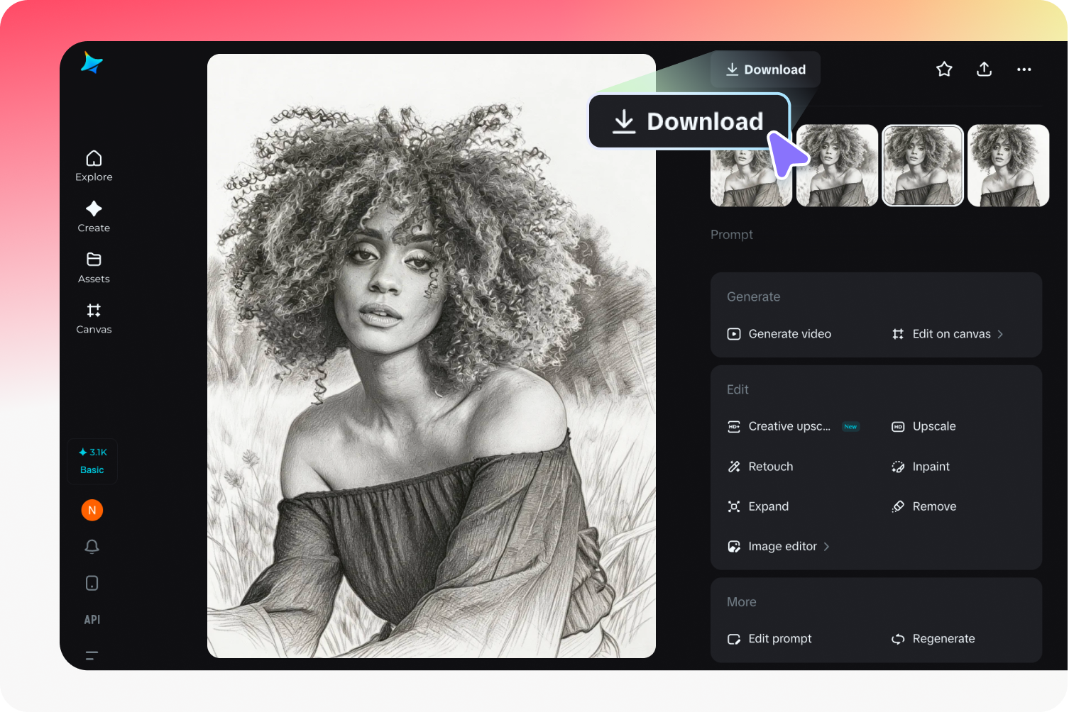  在Dreamina中預覽並匯出照片以線上素描