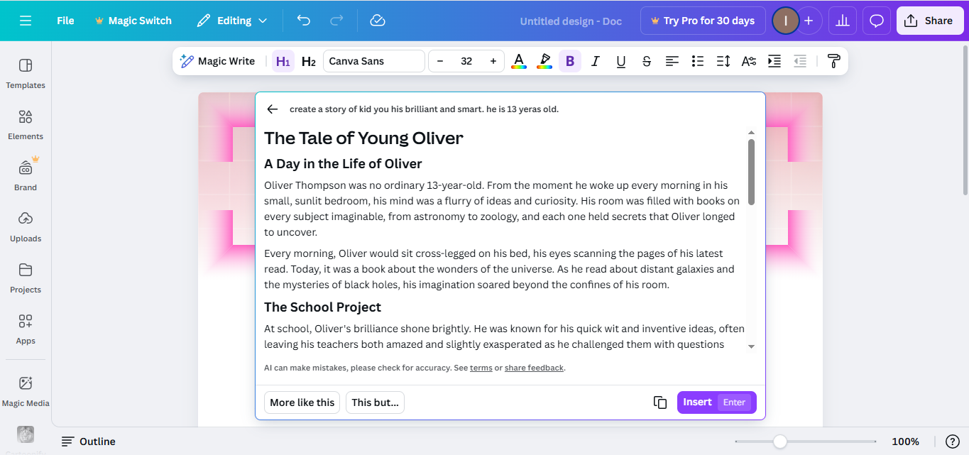 Interface of Canva - a reliable AI free story generator