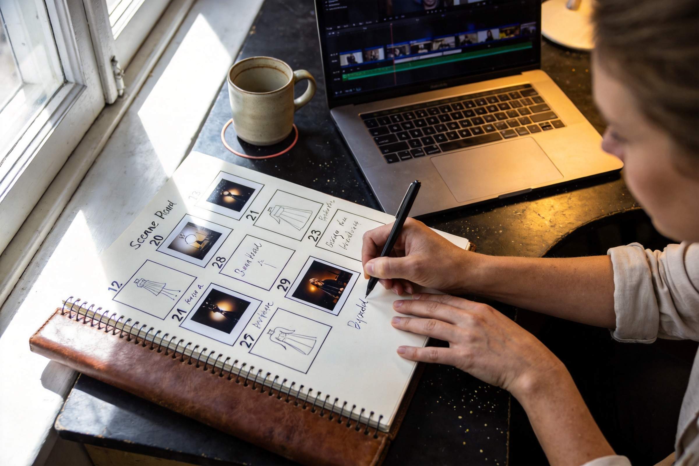 Person planning a video storyboard in a notebook beside a laptop and coffee mug