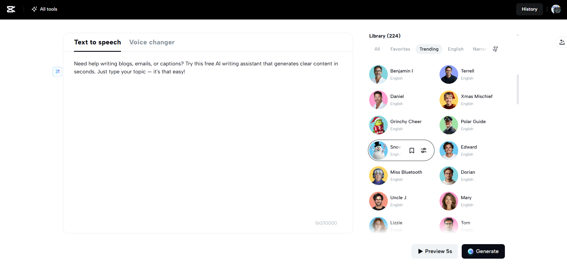 Interface do CapCut Web - o conversor de texto para fala engraçado mais popular