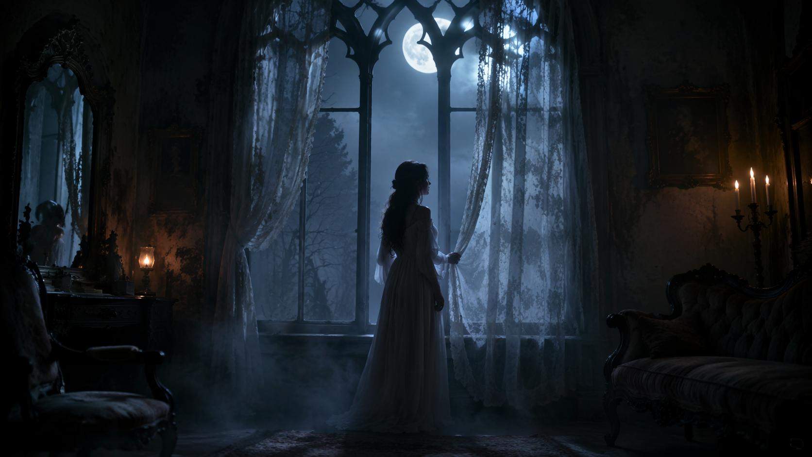 Dreamina horror girl prompts prompt example 2: Gothic window scene