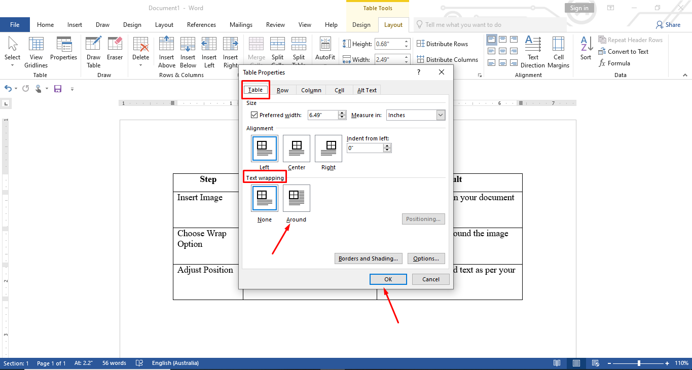 Wrapping a word in a table on Microsoft Word