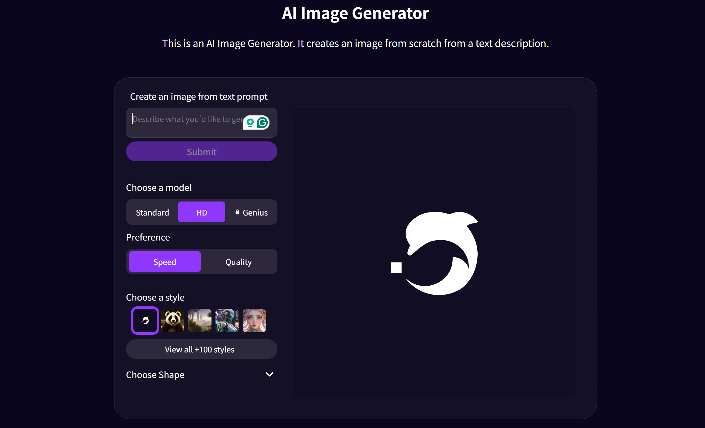 Interface of the DeepAI image generator