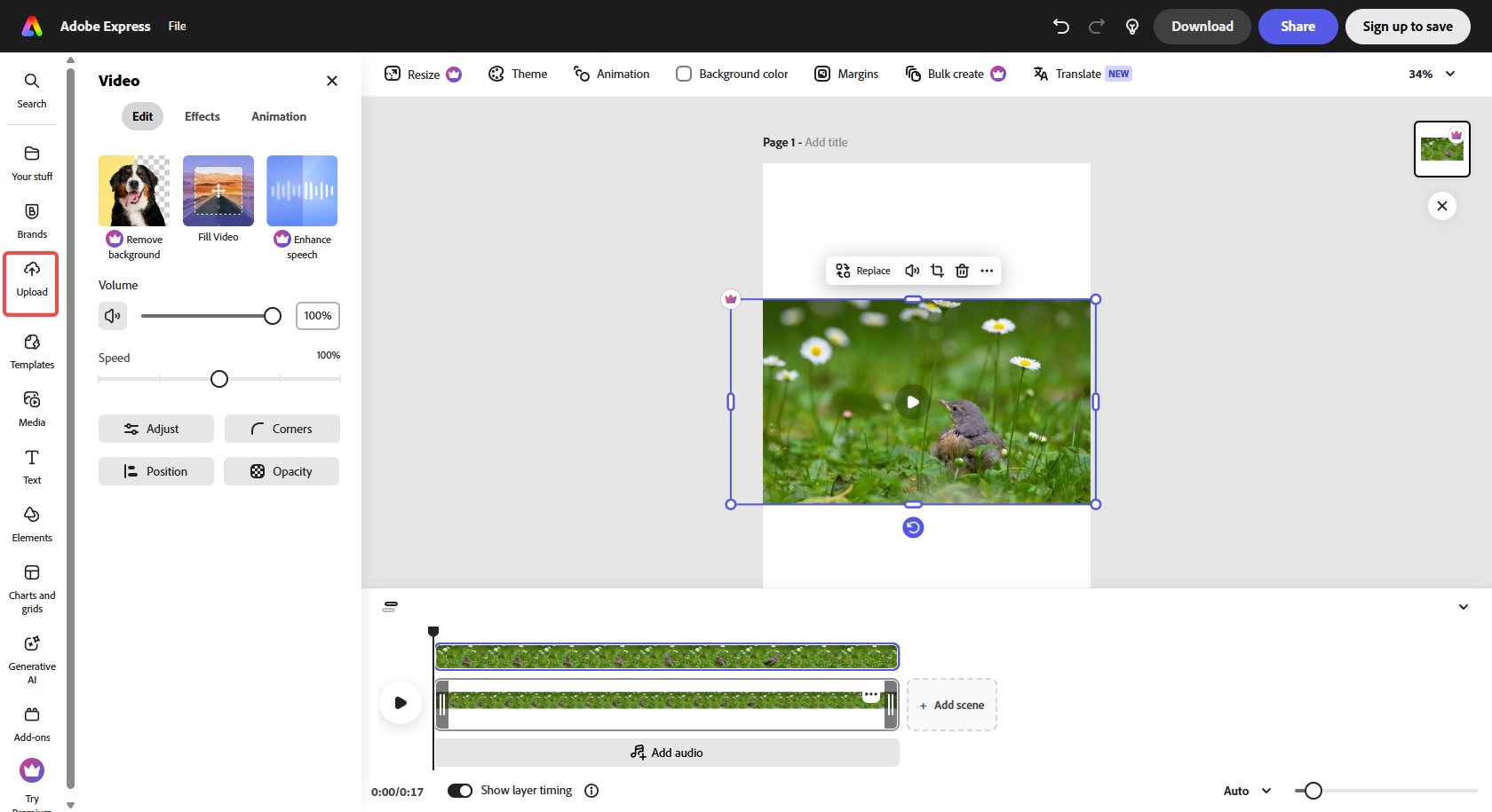 Schnittstelle von Adobe Express - ein einfach zu bedienender Videoclip-Editor