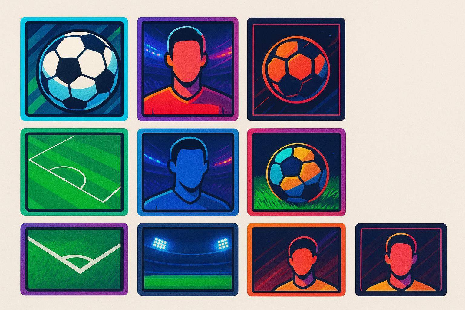 Montagem vibrante de figurinhas de futebol com IA em estilo álbum, com layouts 1:1 e 4:5.