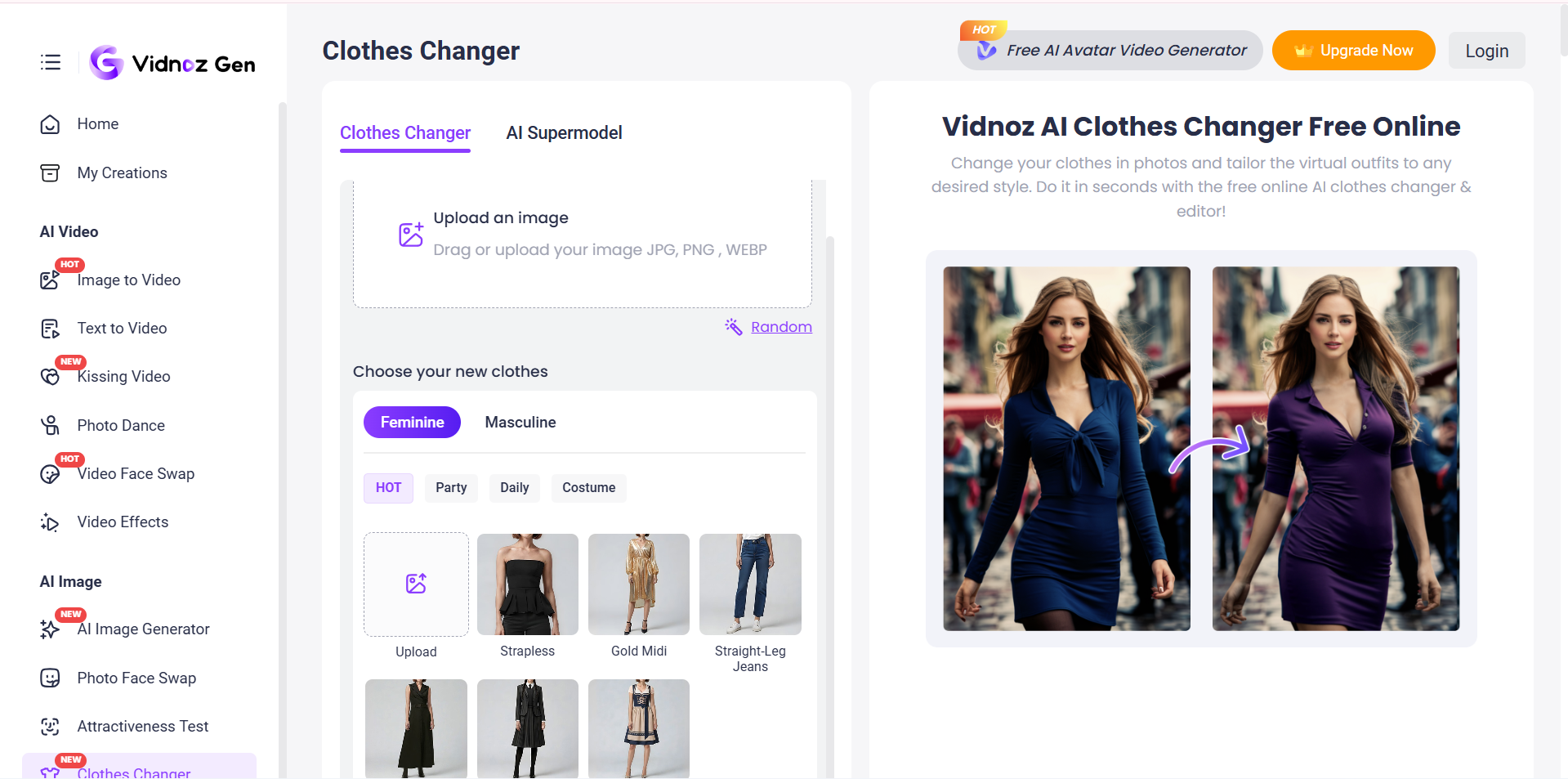 Interface of Vidnoz AI - the handy tool to edit clothes in a photo online