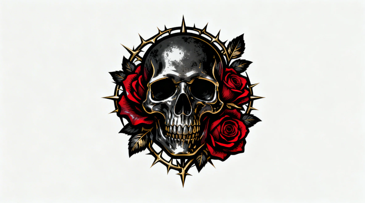 Designul logo-ului gotic cu craniu și trandafir