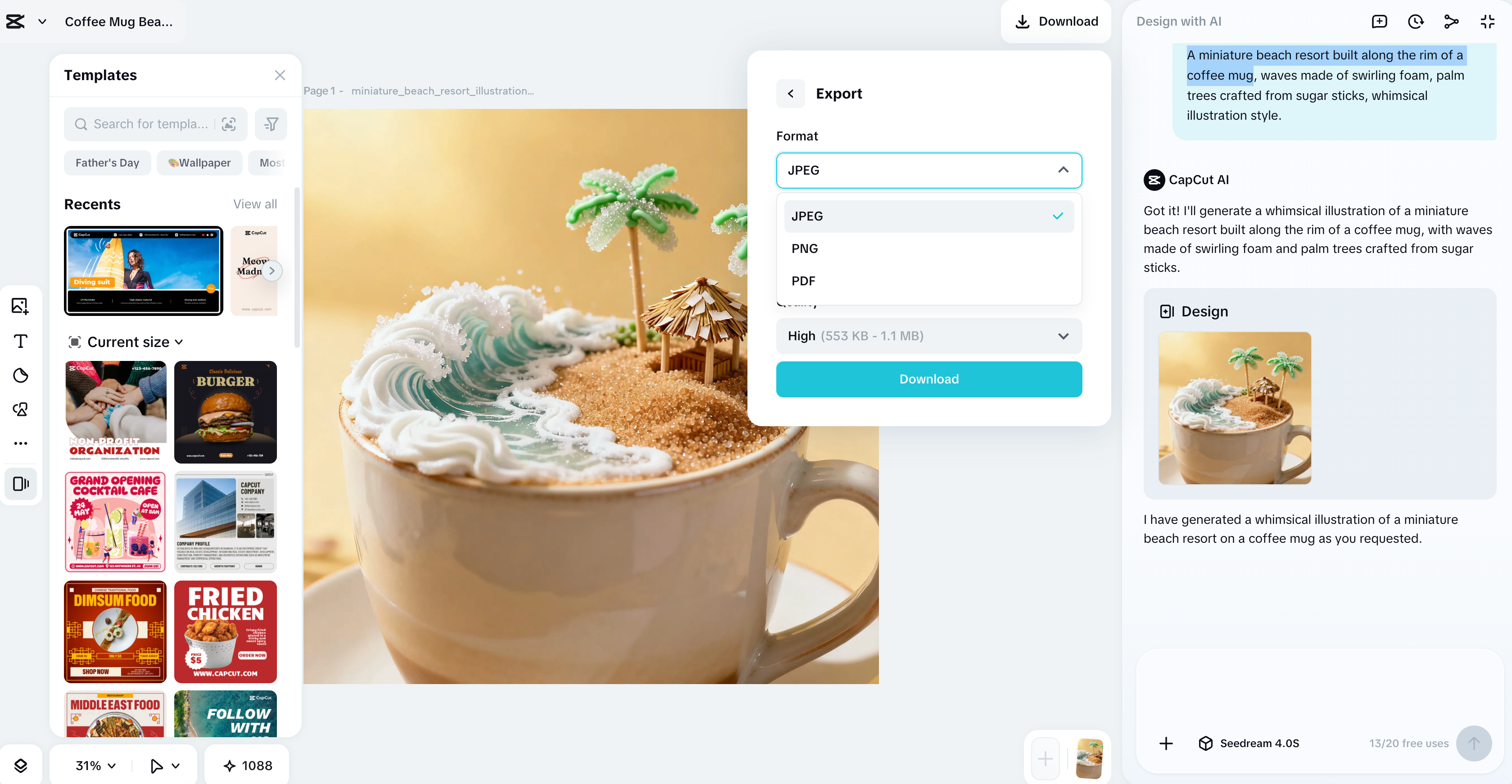 A miniature beach resort built along the rim of a coffee mug