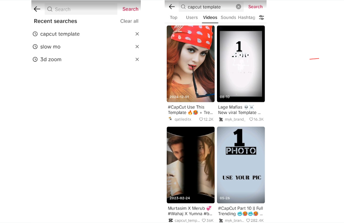 TikTok search results showing capcut template options