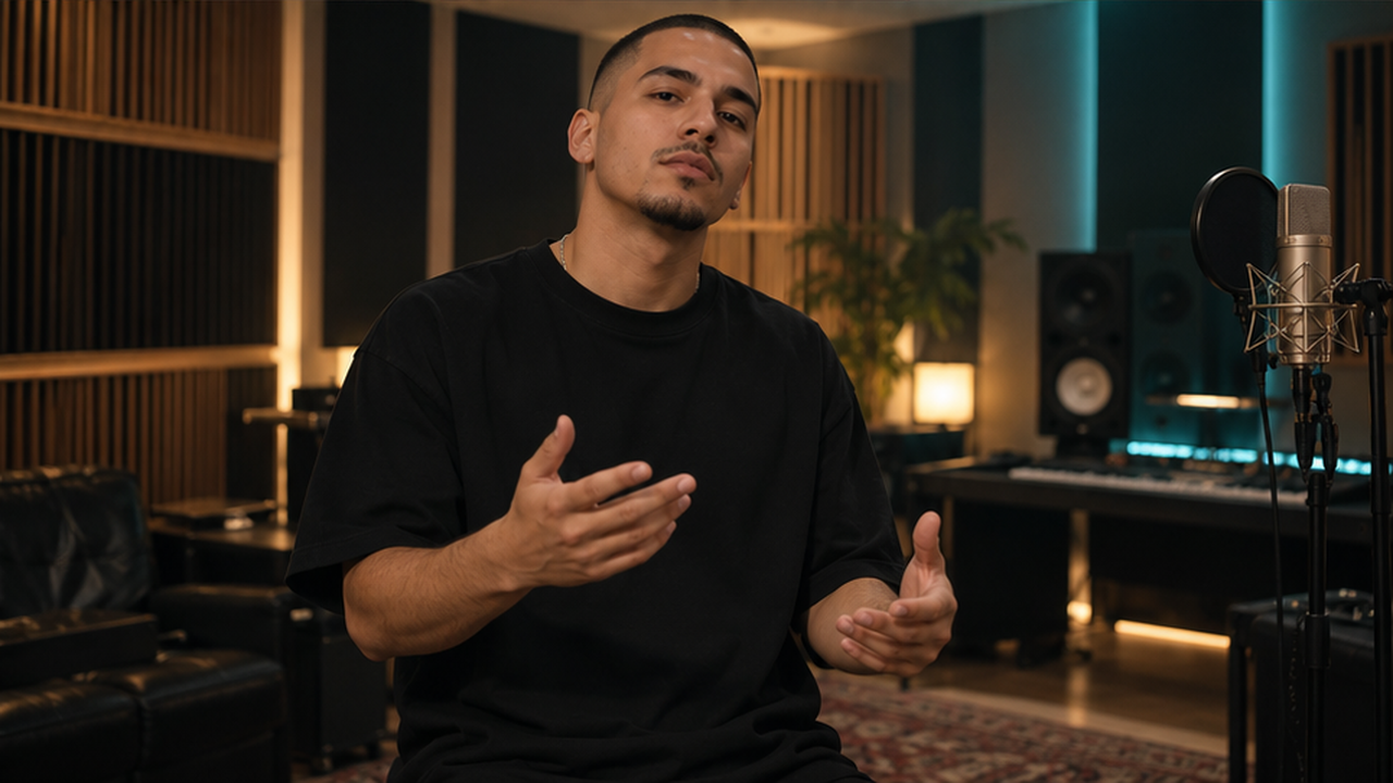 Illustrative studio rap scene with a black-shirted performer and side microphone