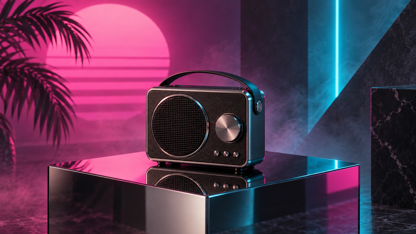 An unbranded retro audio product presented in neon 1980s commercial lighting