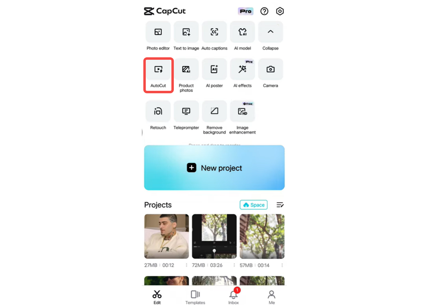 Imagen que muestra cómo usar la función AutoCut en la CapCut aplicación móvil