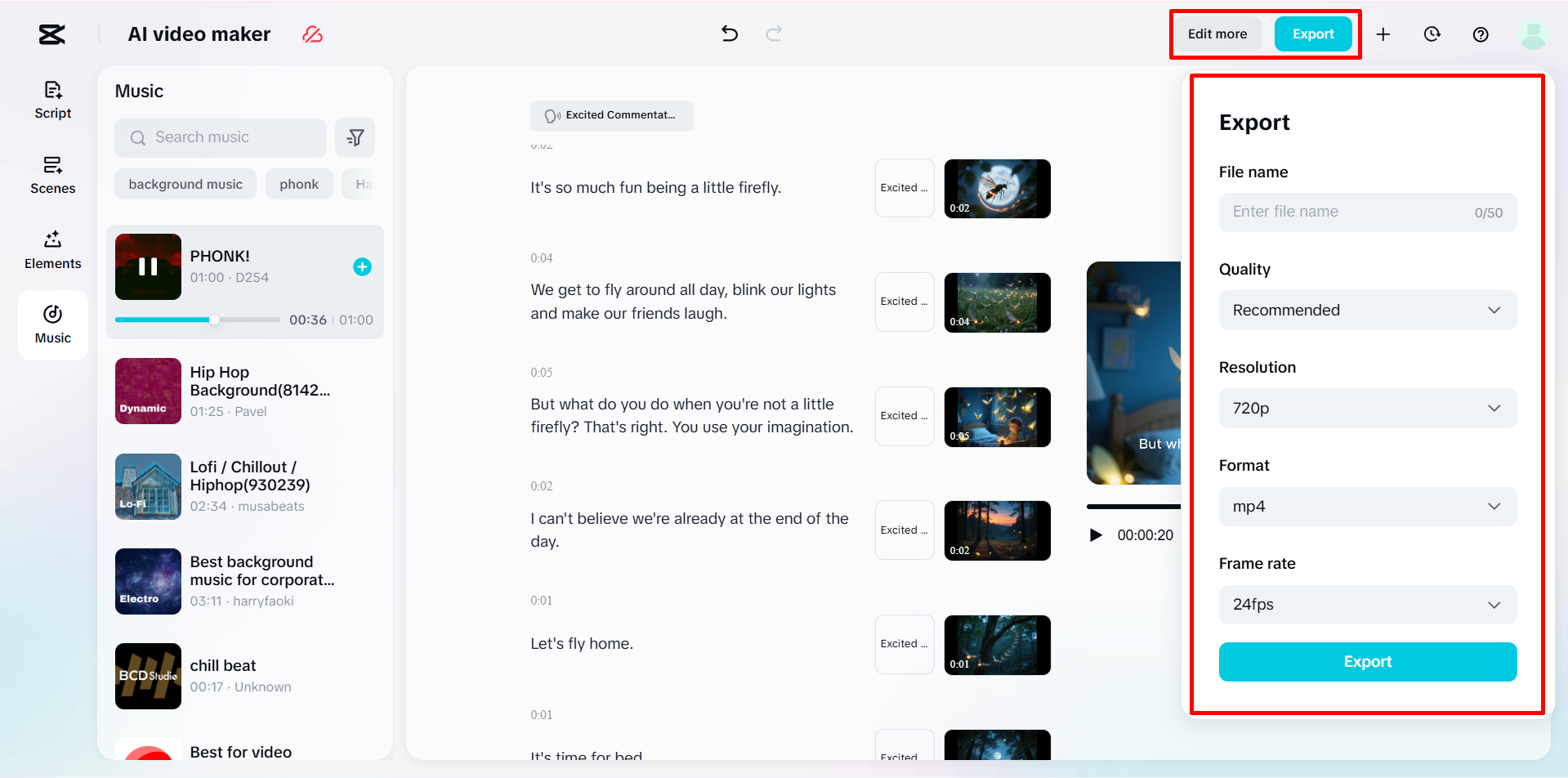 Exportieren des Videos aus dem KI-Videoersteller von CapCut