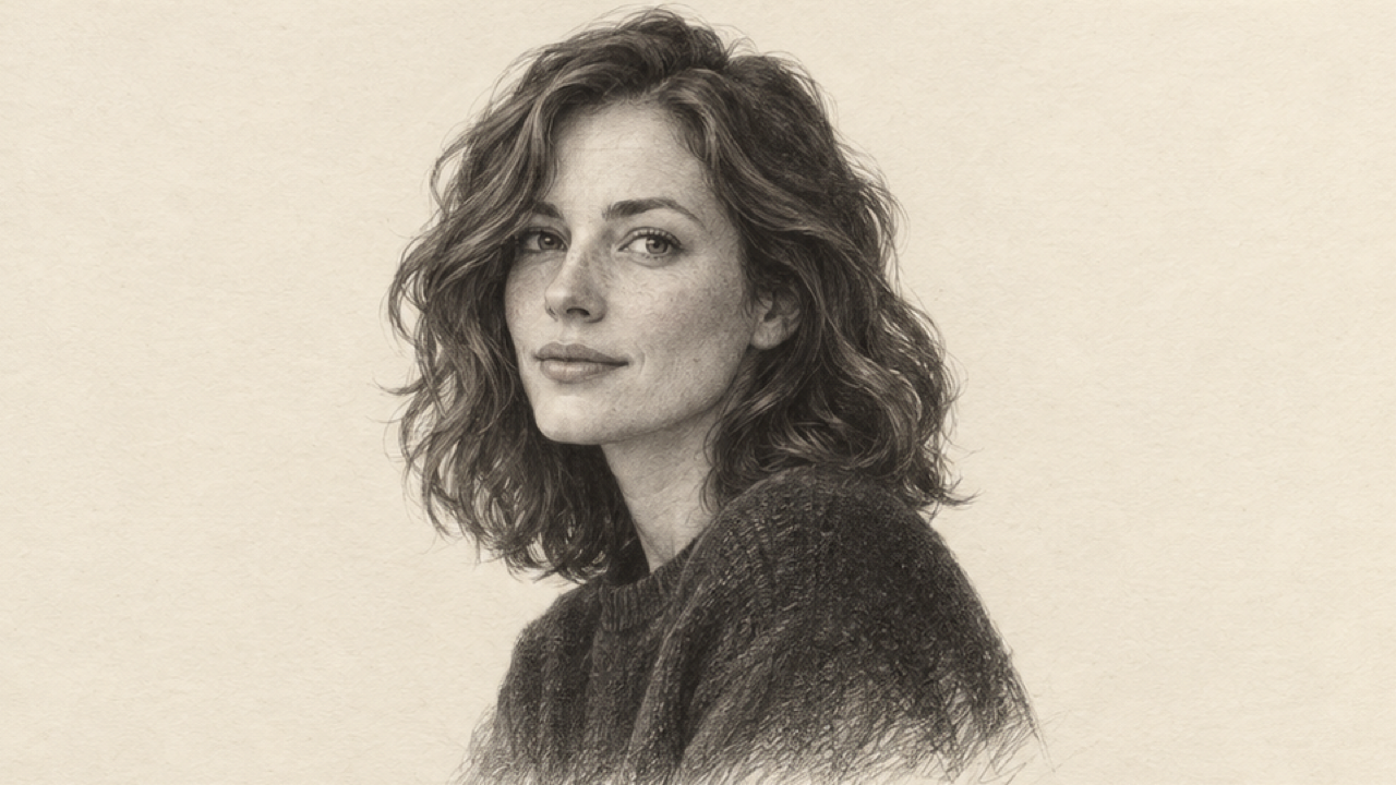16:9 flat finished realistic graphite pencil drawing of adult woman with softly waved shoulder-length hair and dark sweater in three-quarter pose, layered shading, delicate facial highlights, warm ivory paper texture, generous margins, lower edges softly unfinished, no tools or text.