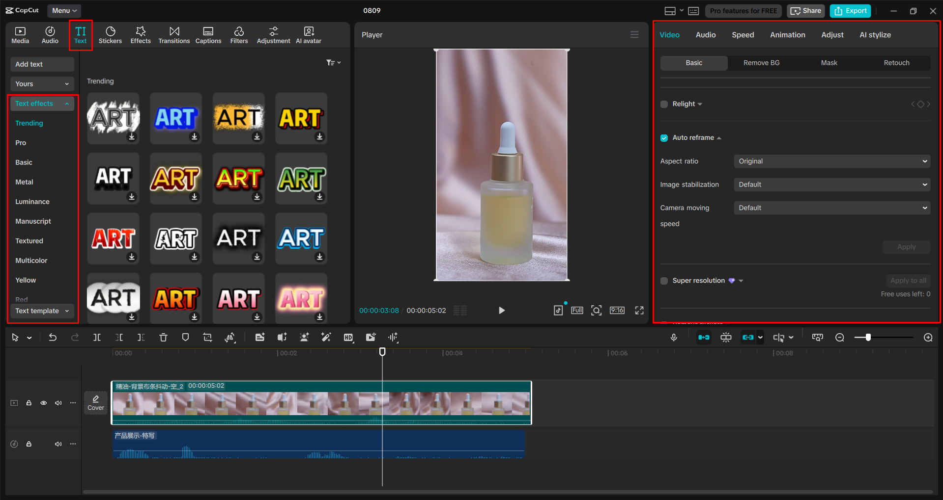 Editing and enhancing the Facebook video ad in the CapCut desktop video editor