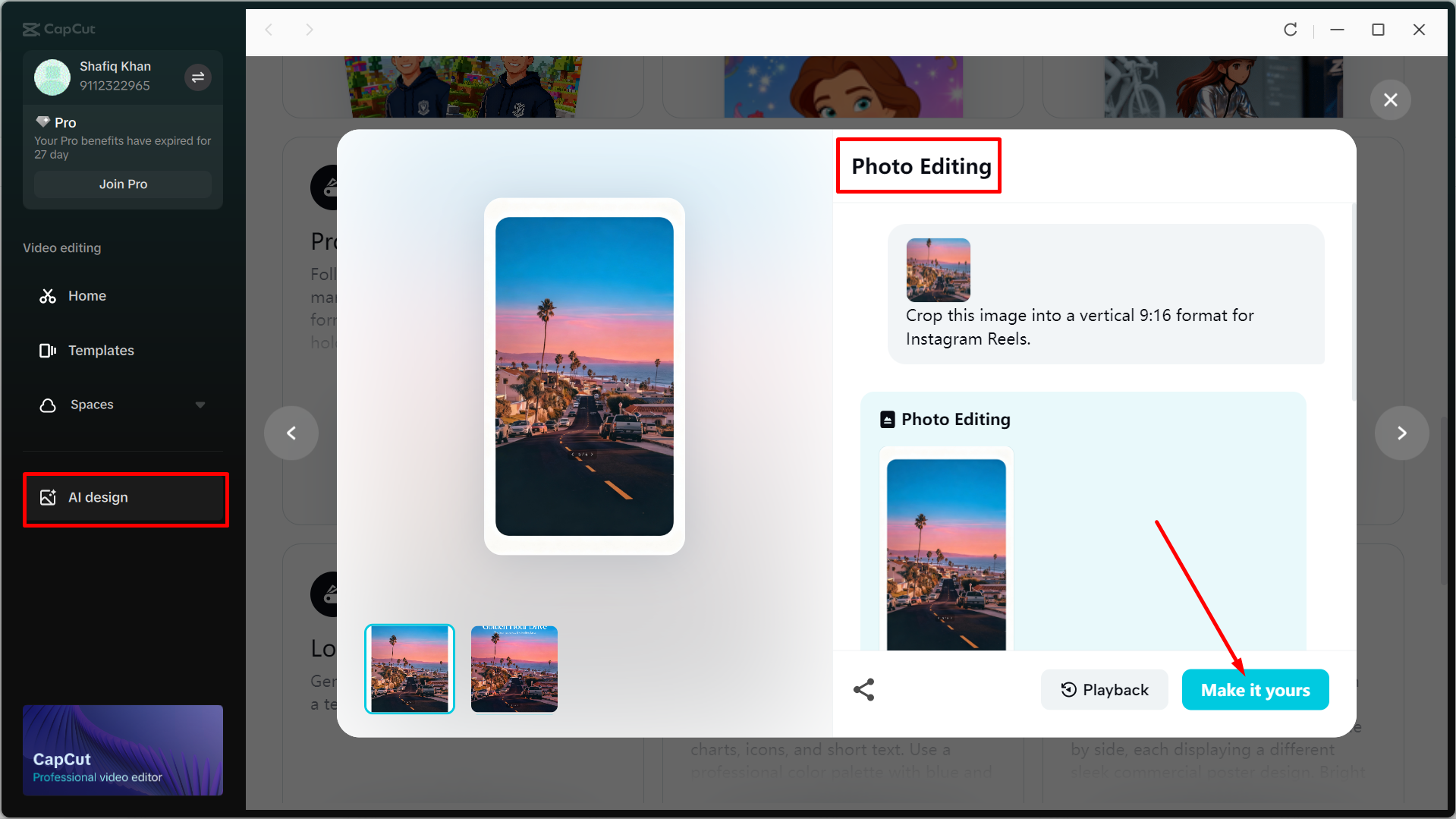 Accessing the AI design agent in the CapCut desktop video editor