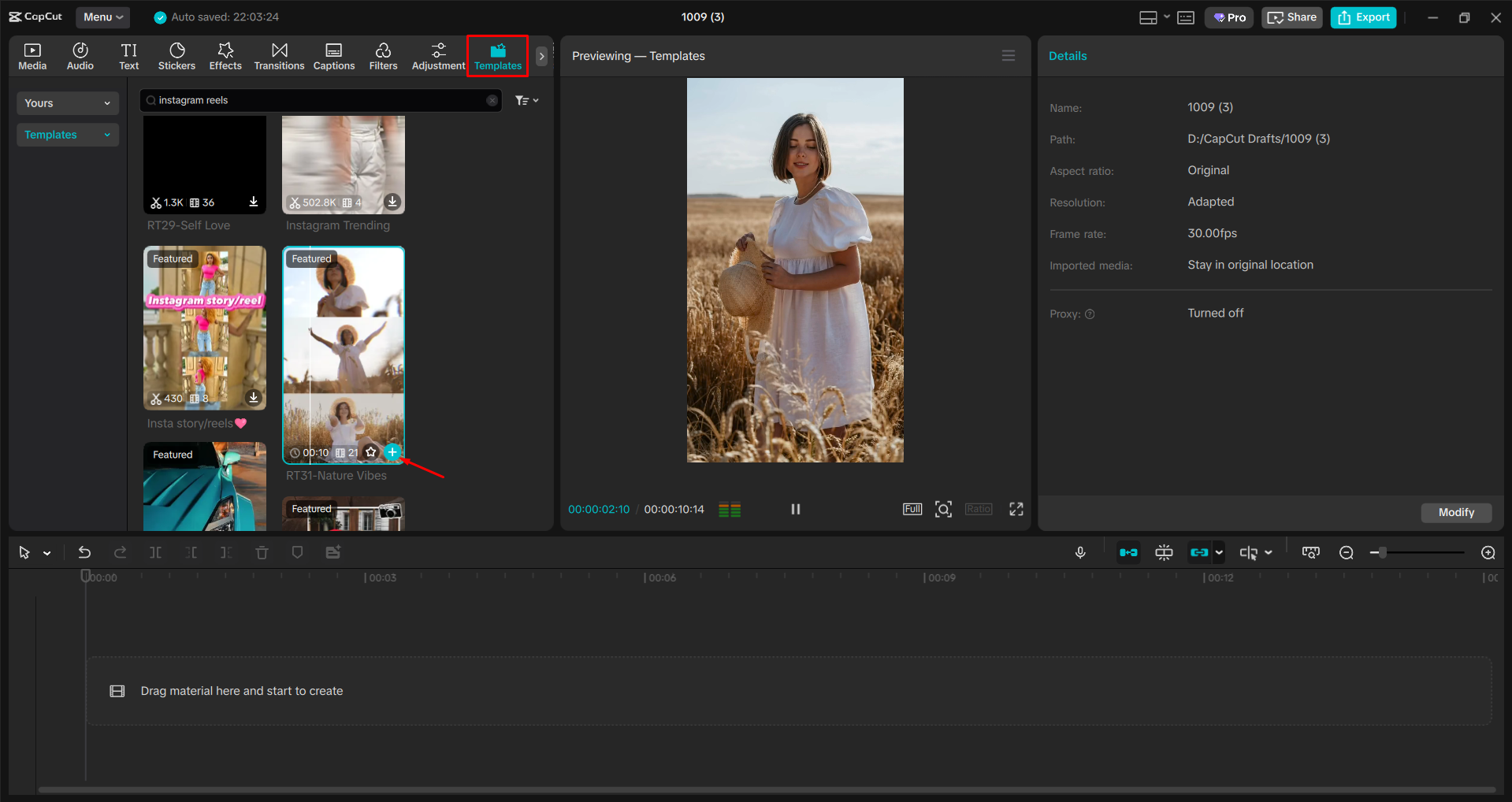 Choosing an Instagram video template in the CapCut desktop video editor