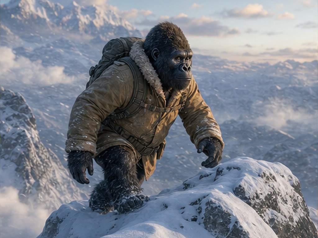 Gorilla Pioneer AI Video prompt example 2 - Snowy pioneer trek