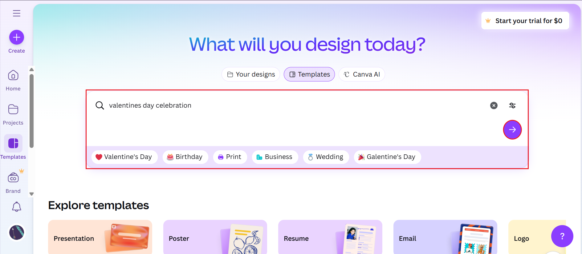 Search through templates