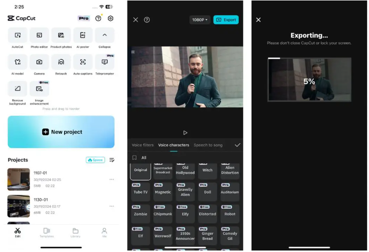 Interface of the CapCut mobile app - the best way to change voice on mobile